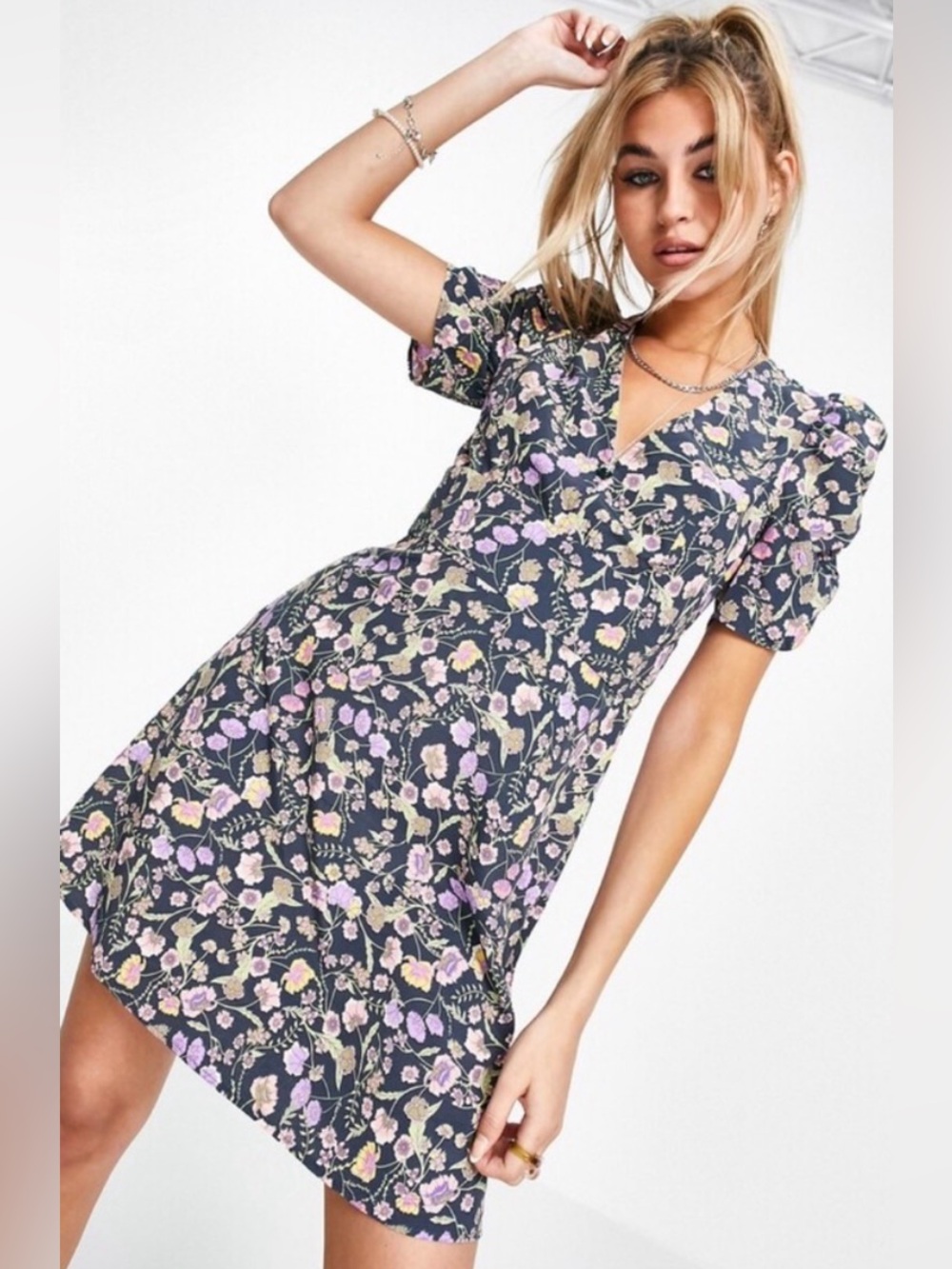 Topshop Floral Double V-neck Puff Sleeve Mini Dress Size 6